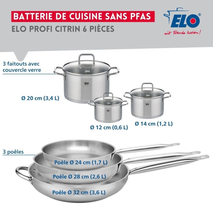 Batterie de cuisine Profi Citrin en inox - 3 poêles et 3 faitouts