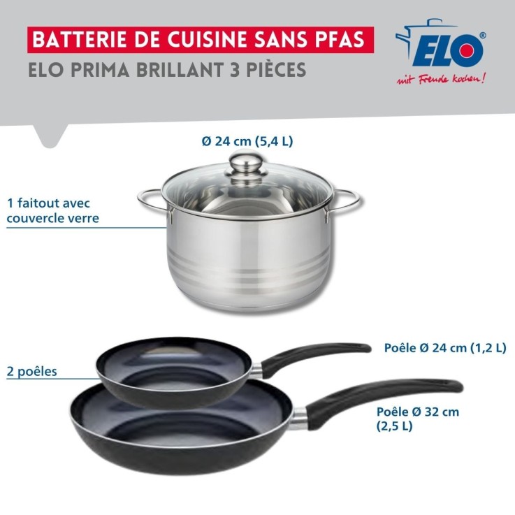 Batterie de cuisine Prima Brillant en aluminium et inox - 24/32 cm - noir