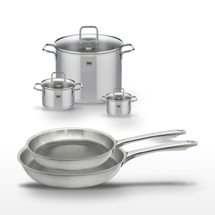 Lot de 2 poêles Relief Passion et 3 faitouts Citrin en inox et verre - 24/28 cm