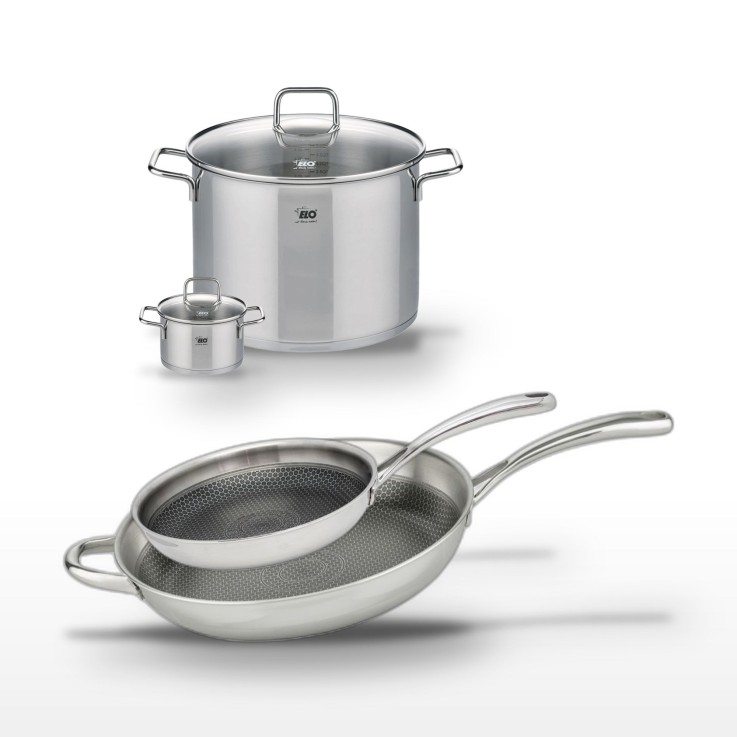 Batterie de cuisine Relief Evolution en inox - poêles 28/32, faitouts 12/26 cm