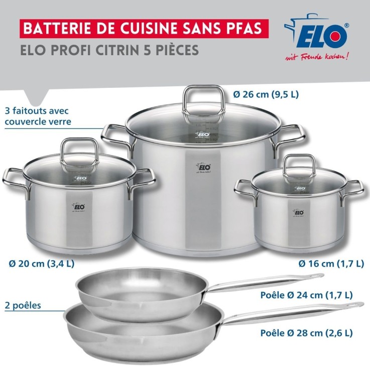 Batterie de cuisine Profi Citrin en inox - 2 poêles et 3 faitouts