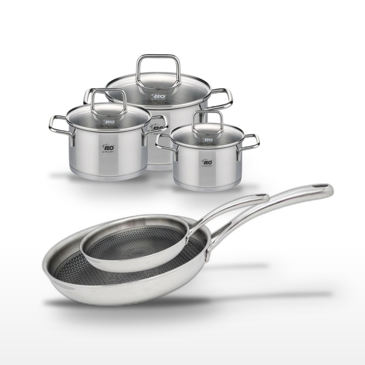 Batterie de cuisine Relief Evolution en inox - 3 faitouts et 2 poêles
