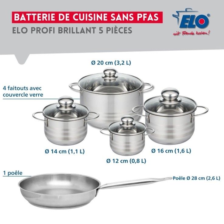 Batterie de cuisine Profi Brillant en inox - 5 pièces - 12/14/16/20/28 cm