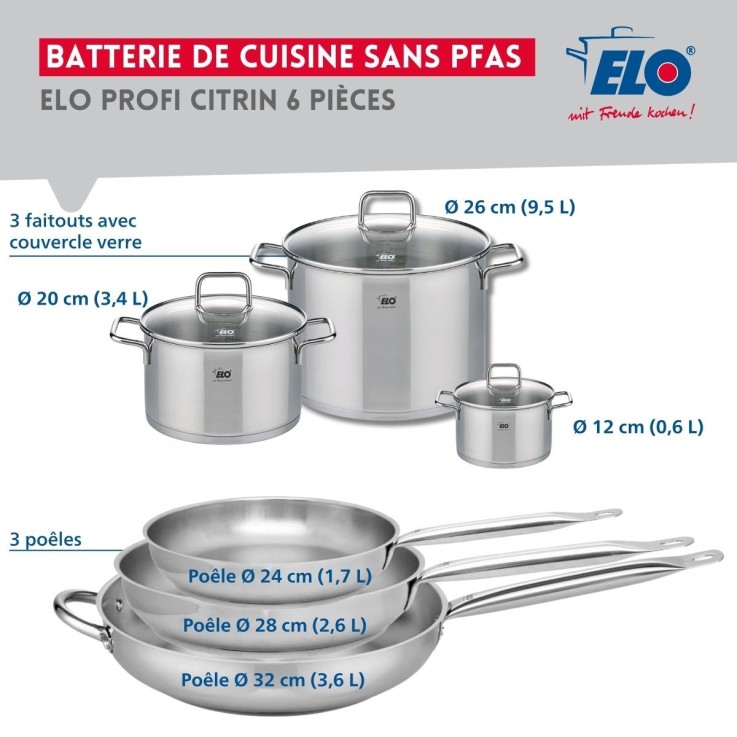 Batterie de cuisine Profi Citrin en inox - 3 poêles et 3 faitouts