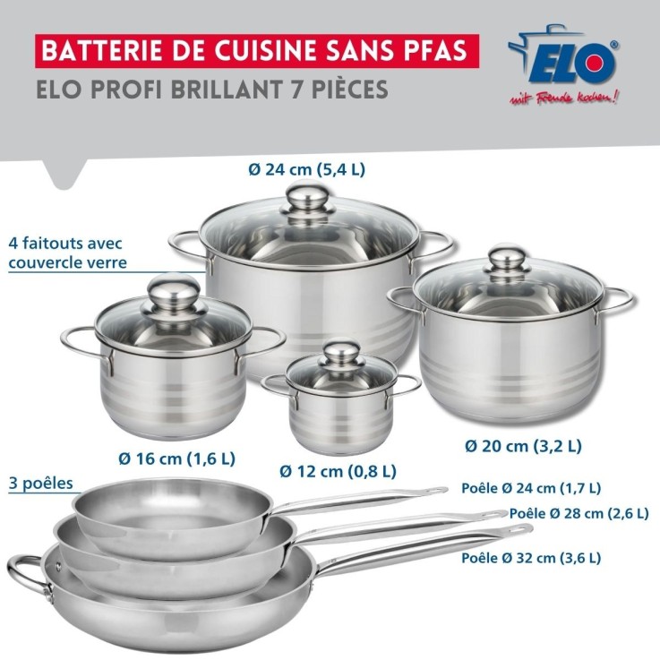 Batterie de cuisine Profi Brillant en inox - 3 poêles et 4 faitouts