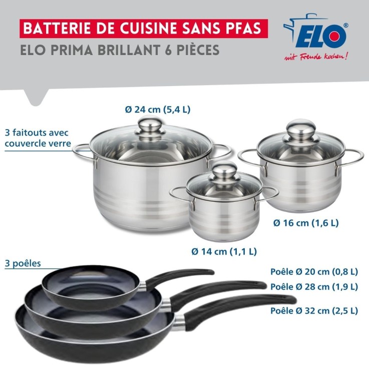 Batterie de cuisine Prima Brillant - 3 poêles 20/28/32 cm - 3 faitouts 14/16/24 cm