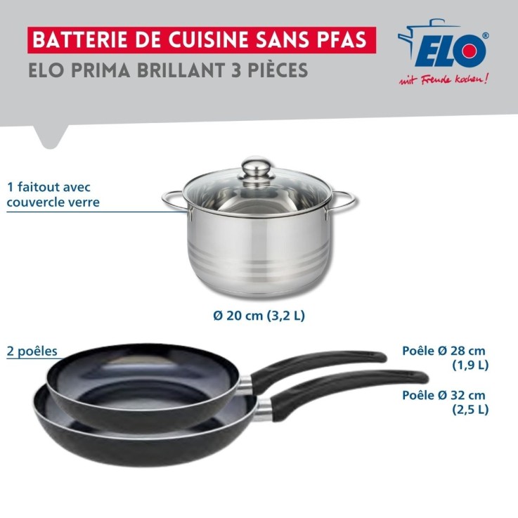 Batterie de cuisine Prima Brillant en aluminium et inox - 20/28/32 cm - noir