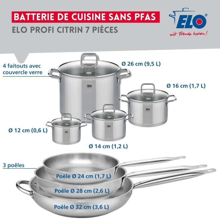 Batterie de cuisine Profi Citrin en inox - 3 poêles et 4 faitouts
