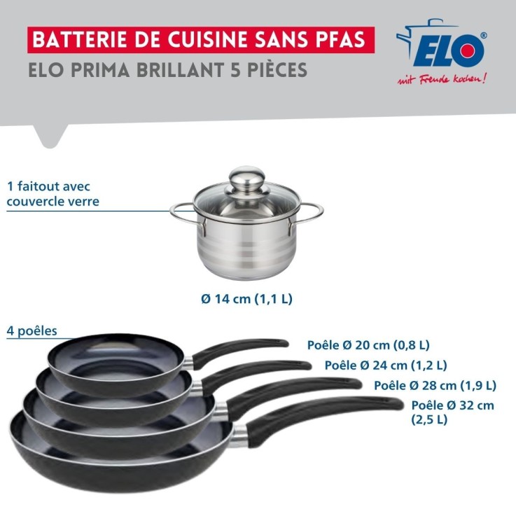 Batterie de cuisine Prima Brillant en aluminium et inox - 20/24/28/32/14 cm - noire