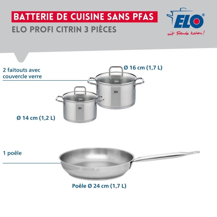 Batterie de cuisine Profi Citrin en inox - 14, 16 et 24 cm