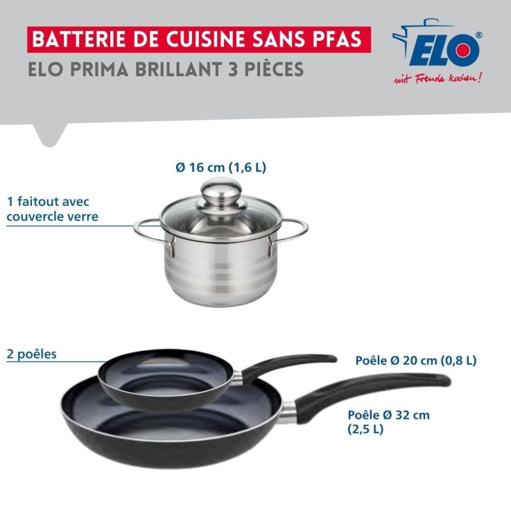 Ensemble de poêles et faitout Prima Brillant en aluminium et inox - 20, 32 et 16 cm