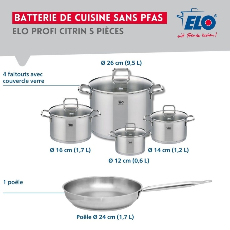Batterie de cuisine Profi Citrin en inox - 5 pièces - 12 à 26 cm
