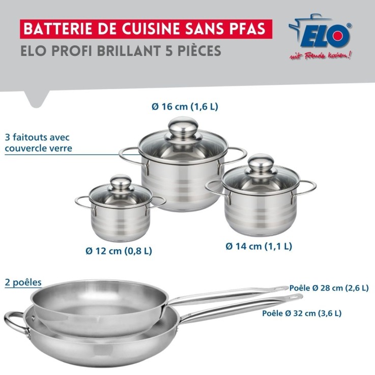 Batterie de cuisine Profi Brillant en inox - 2 poêles et 3 faitouts