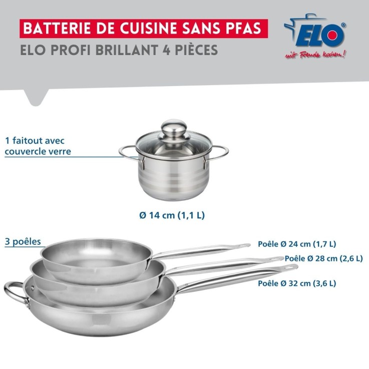 Batterie de cuisine Profi Brillant en inox - 3 poêles et 1 faitout