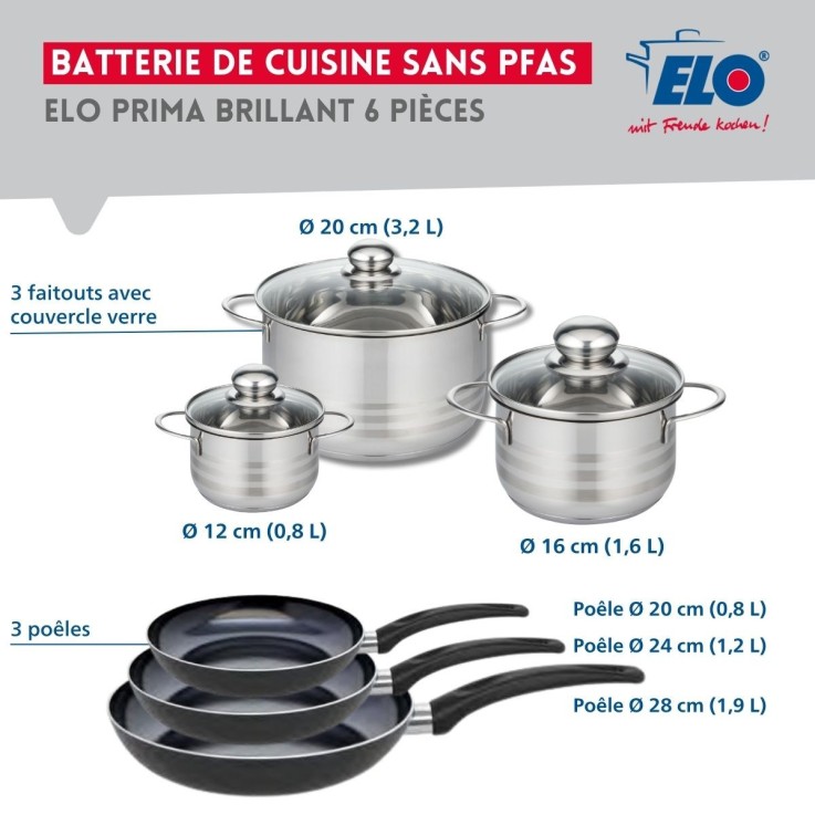 Batterie de cuisine Prima Brillant en aluminium et inox - 6 pièces - noir