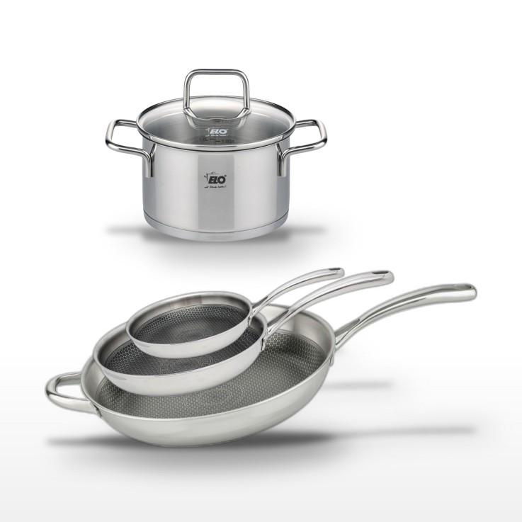 Batterie de cuisine Relief Evolution en inox et verre - poêles 24, 28 et 32 cm - faitout 16 cm