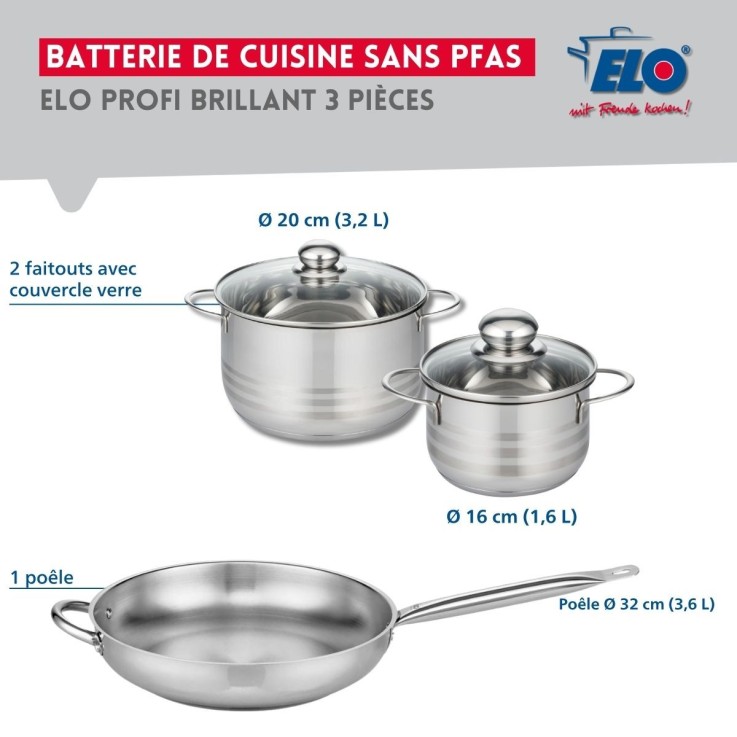 Batterie de cuisine Profi Brillant en inox - 16, 20 et 32 cm
