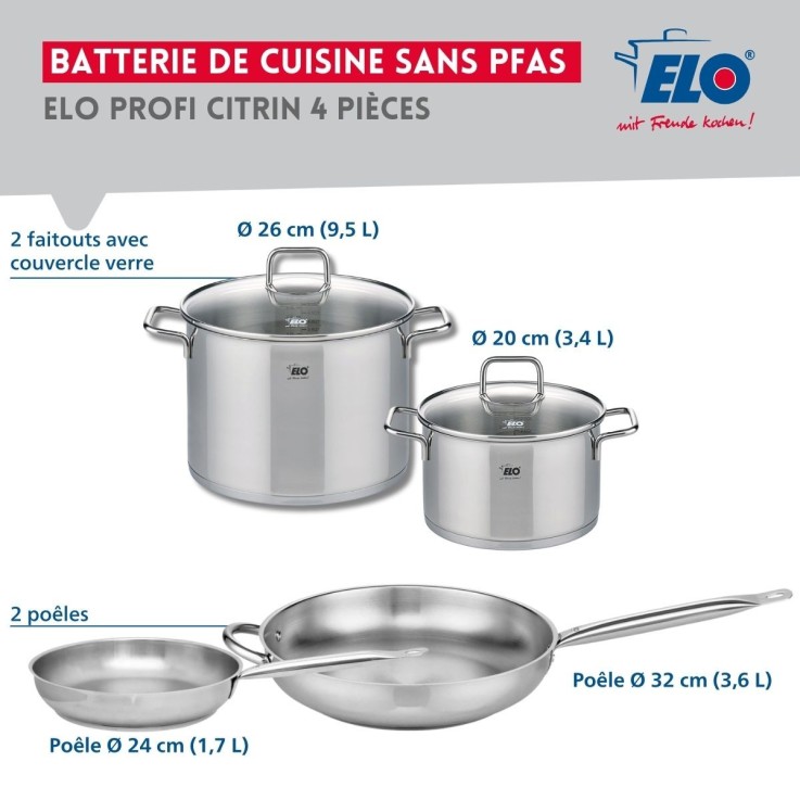 Batterie de cuisine Profi Citrin en inox - 20, 24, 26 et 32 cm