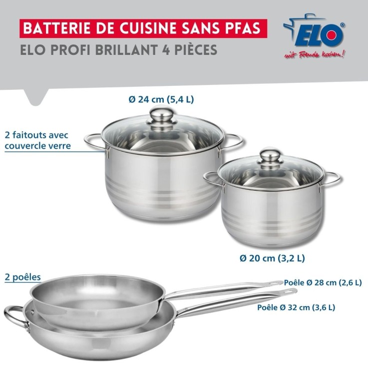 Batterie de cuisine Profi Brillant en inox - 2 poêles et 2 faitouts