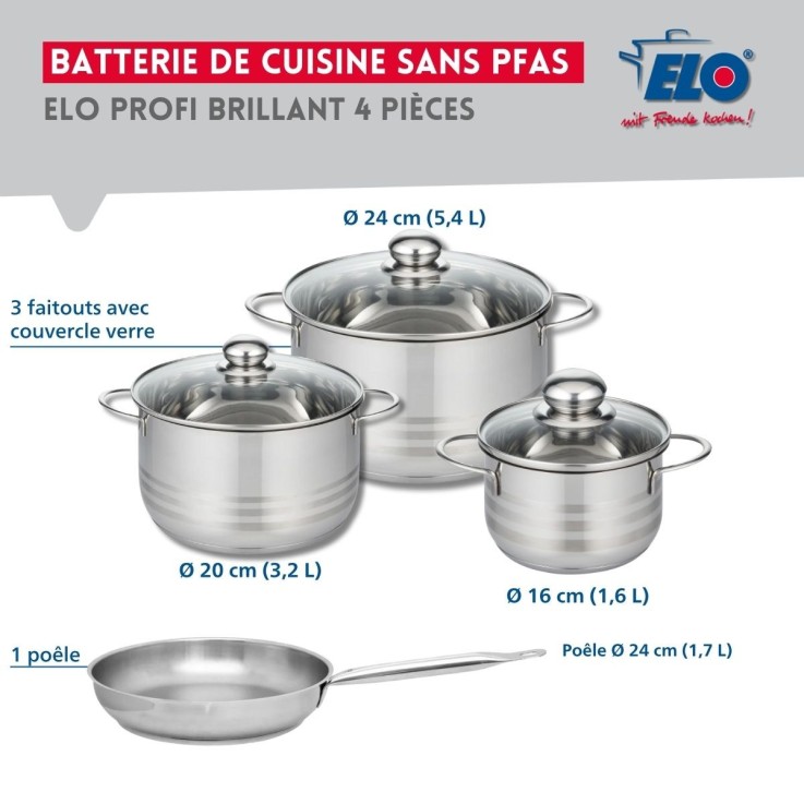Ensemble poêle et faitouts Profi Brillant en inox - 16, 20 et 24 cm