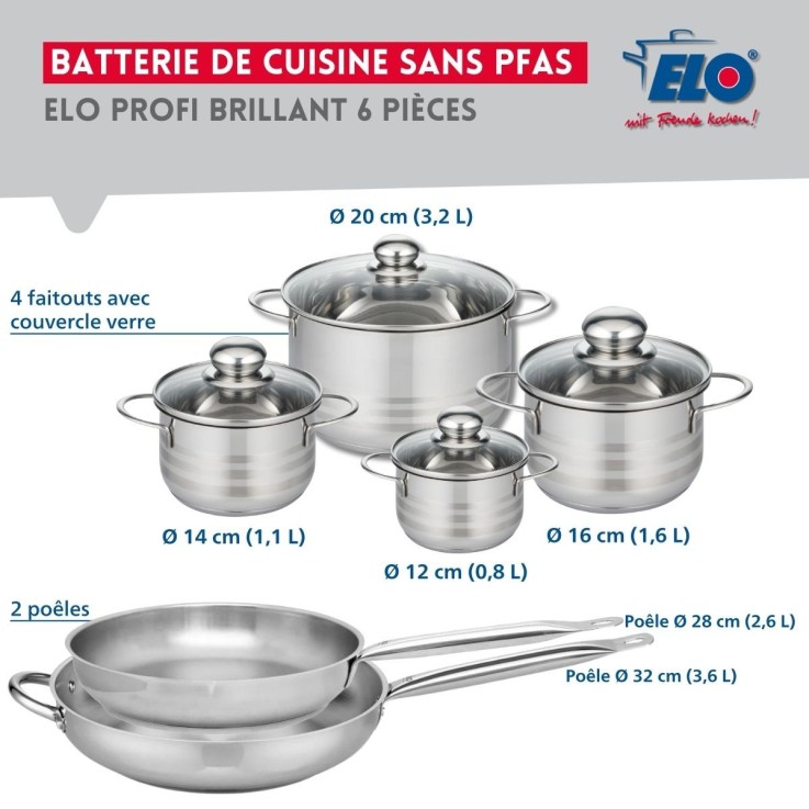 Batterie de cuisine Profi Brillant en inox - 28 et 32 cm - 12, 14, 16 et 20 cm
