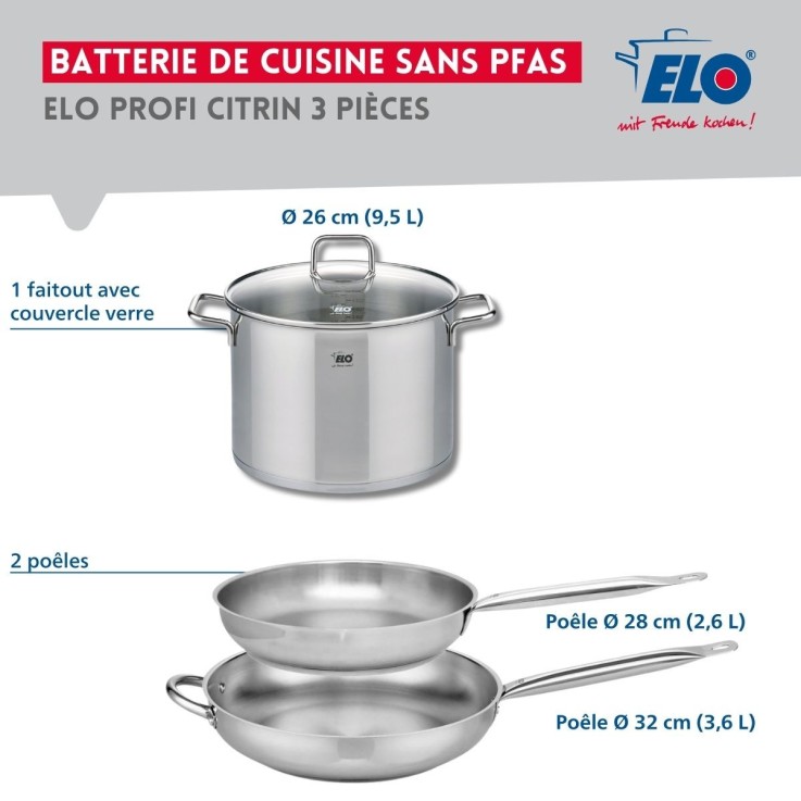 Batterie de cuisine Profi Citrin en inox - 28, 32 et 26 cm