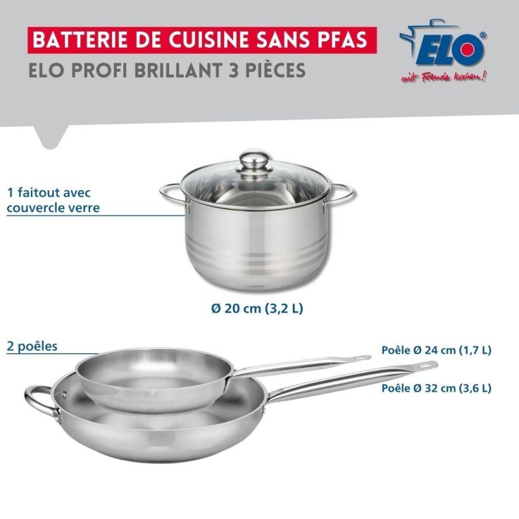 Batterie de cuisine Profi Brillant en inox - 24, 32 et 20 cm