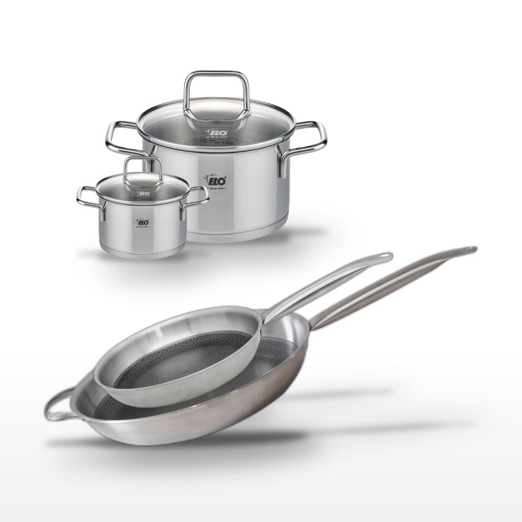 Batterie de cuisine Relief Solution en inox - poêles 28/32 cm - faitouts 12/20 cm
