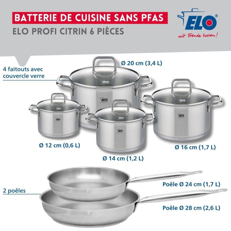 Batterie de cuisine Profi Citrin en inox - 2 poêles et 4 faitouts