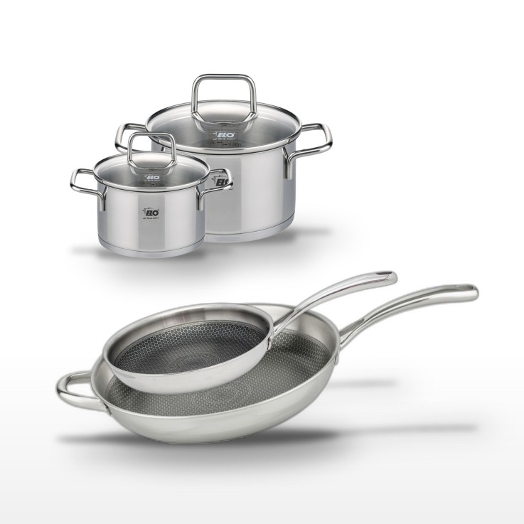 Batterie de cuisine Relief Evolution en inox - poêles 28/32 cm - faitouts 12/16 cm