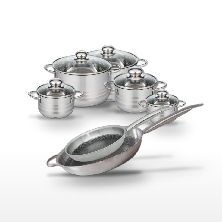 Batterie de cuisine Relief Solution en inox - 2 poêles et 5 faitouts