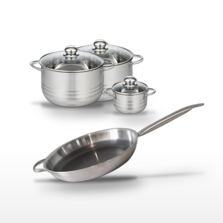 Batterie de cuisine Relief Solution en inox - poêle 32 cm - 3 faitouts