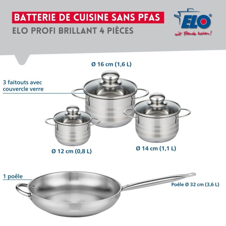 Batterie de cuisine Profi Brillant en inox - 1 poêle 32 cm et 3 faitouts 12, 14 et 16 cm