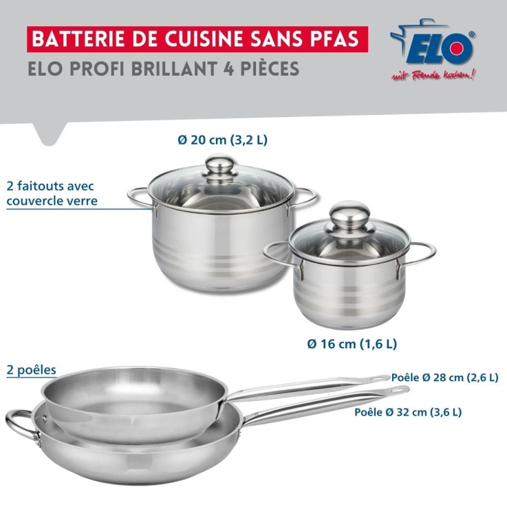 Batterie de cuisine Profi Brillant en inox - poêles 28 et 32 cm - faitouts 16 et 20 cm