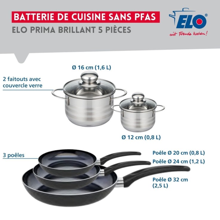 Batterie de cuisine Prima Brillant en aluminium et inox - 5 pièces - noir