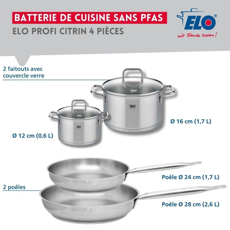 Batterie de cuisine Profi Citrin en inox - poêles 24/28 cm - faitouts 12/16 cm