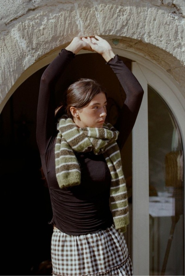 Echarpe Clemence Rayures Kaki en Mohair