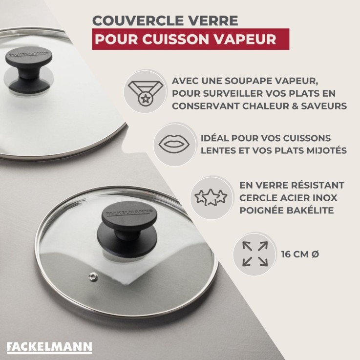Couvercle de cuisson en verre et inox - 16 cm - noir