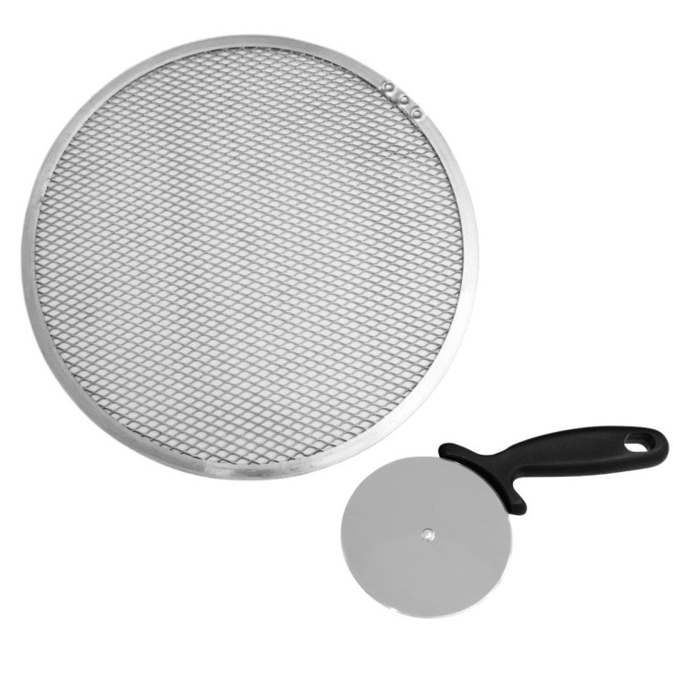 Set plaque à pizza en aluminium et roulette en inox - 30 cm - gris