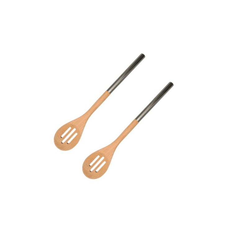 Lot de 2 cuillères ajourées en bois et inox - 34 cm
