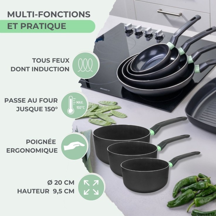 Casserole Brandao en aluminium recyclé - 20 cm - noire et vert amande