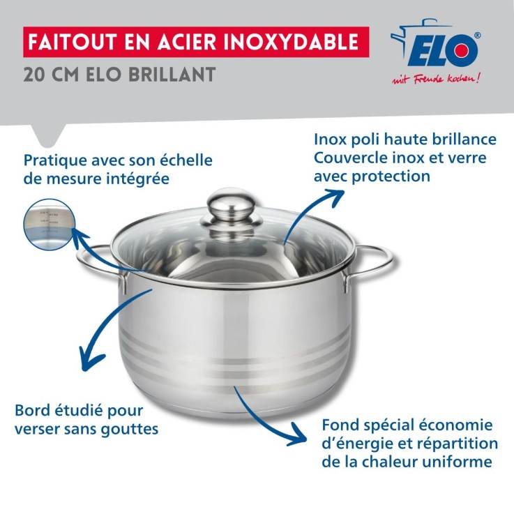 Faitout haut Brillant en inox - 20 cm - 3,2 L - gris