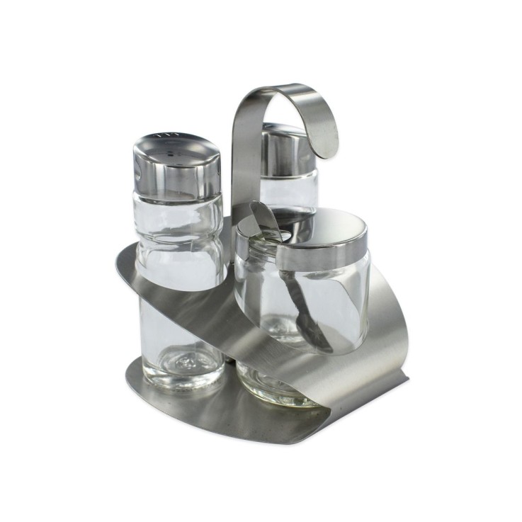 Ensemble salière, poivrière, moutardier avec support et cuillère en inox et verre