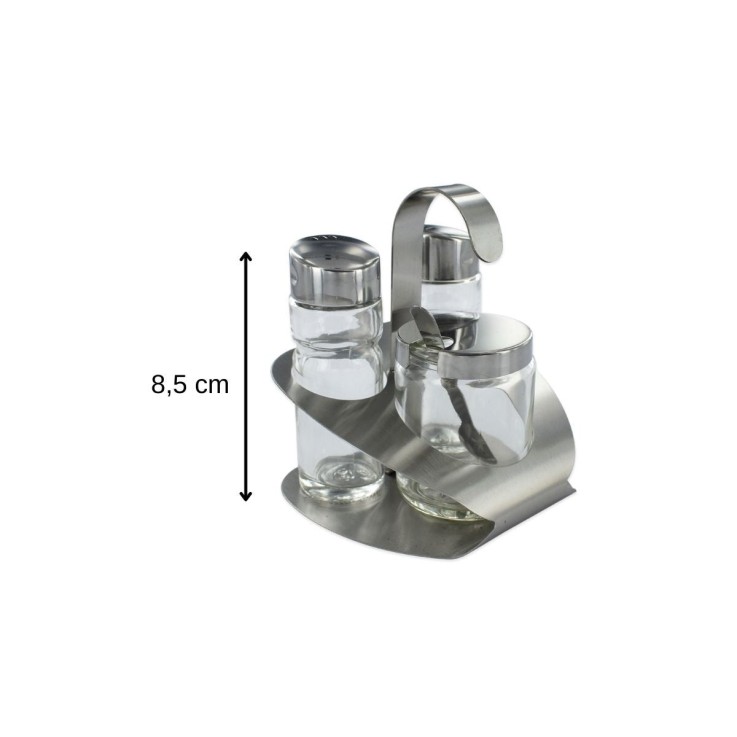 Ensemble salière, poivrière, moutardier avec support et cuillère en inox et verre
