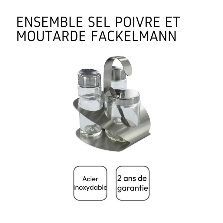 Ensemble salière, poivrière, moutardier avec support et cuillère en inox et verre