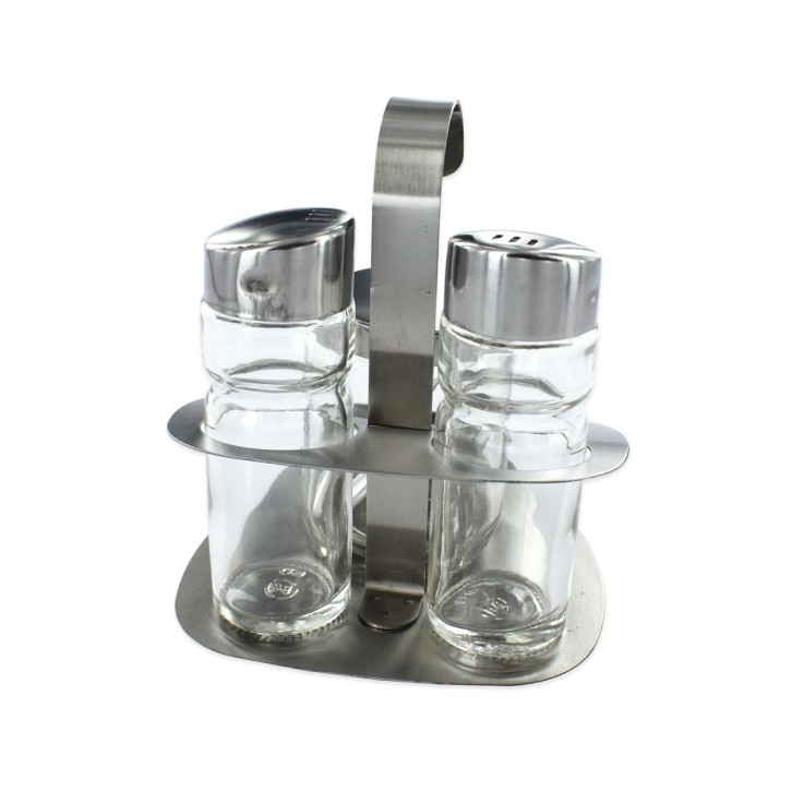 Ensemble salière, poivrière, moutardier avec support et cuillère en inox et verre