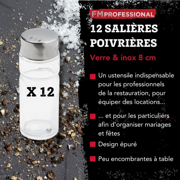 Lot de 12 salières et poivrières en verre et inox - 8 cm
