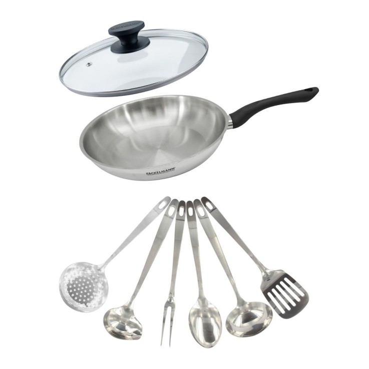 Set poêle Geneva en inox et verre - 28 cm - avec 6 ustensiles