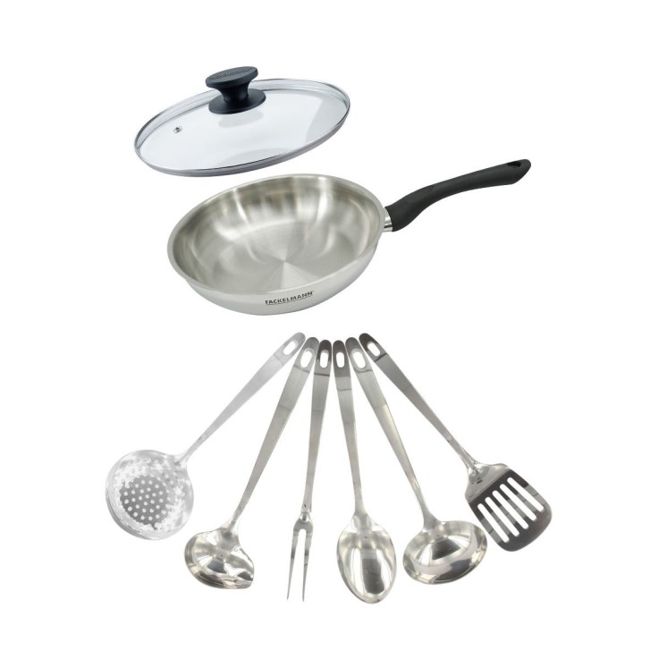 Set poêle et 6 ustensiles Geneva en inox et verre - 24 cm