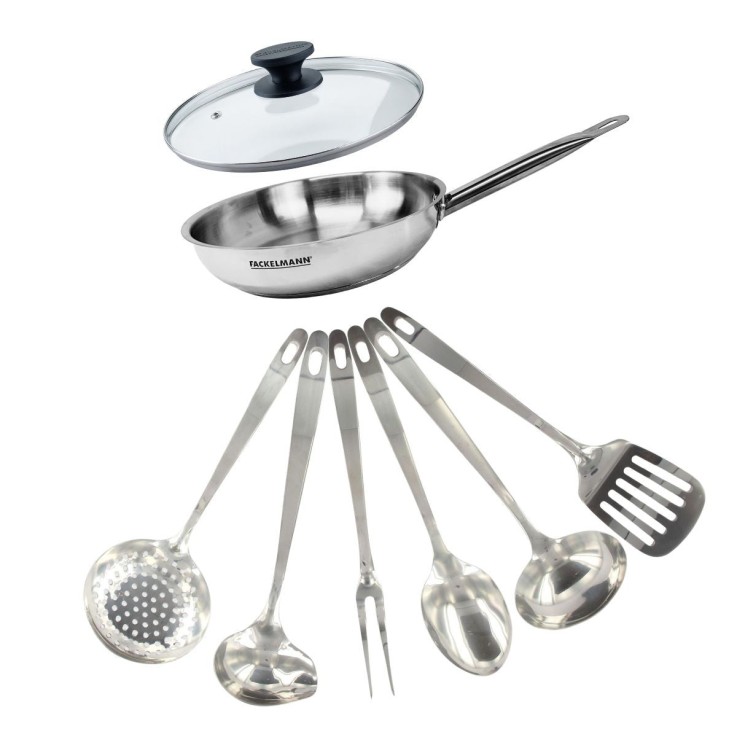 Set poêle Eterna en inox et verre - 24 cm - 6 ustensiles inclus